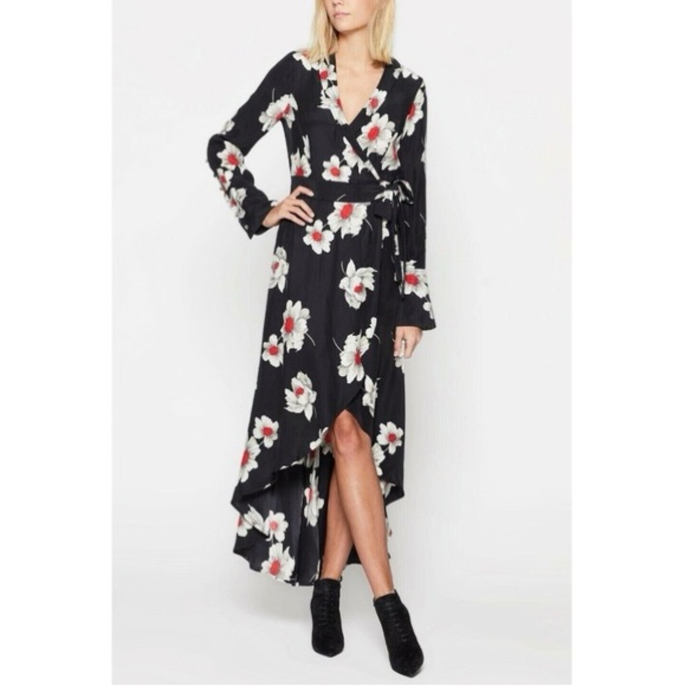 Equipment Black and White Floral High Low silk wrap Dress